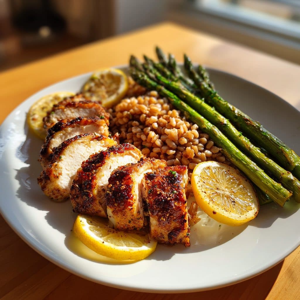 Lemon Herb Chicken with Farro and Roasted Asparagus