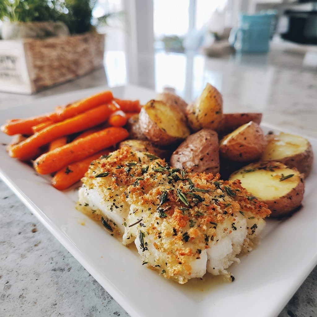 Lemon Herb Crusted Cod with Roasted Rosemary Potatoes and Carrots