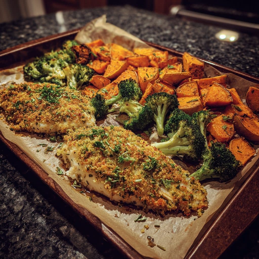 Lemon-Herb Crusted Tilapia with Roasted Sweet Potatoes and Broccoli