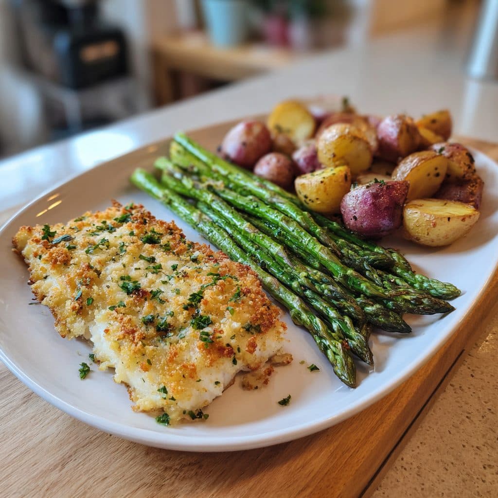 Lemon Herb Crusted White Fish with Roasted Asparagus and Fingerling Potatoes