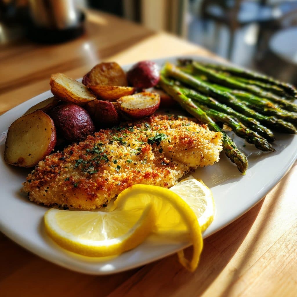 Lemon Herb Panko Crusted Tilapia with Roasted Asparagus and Red Potatoes