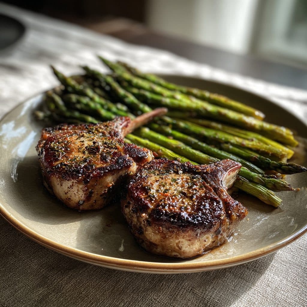 Lemon Herb Roasted Lamb Loin Chops with Asparagus