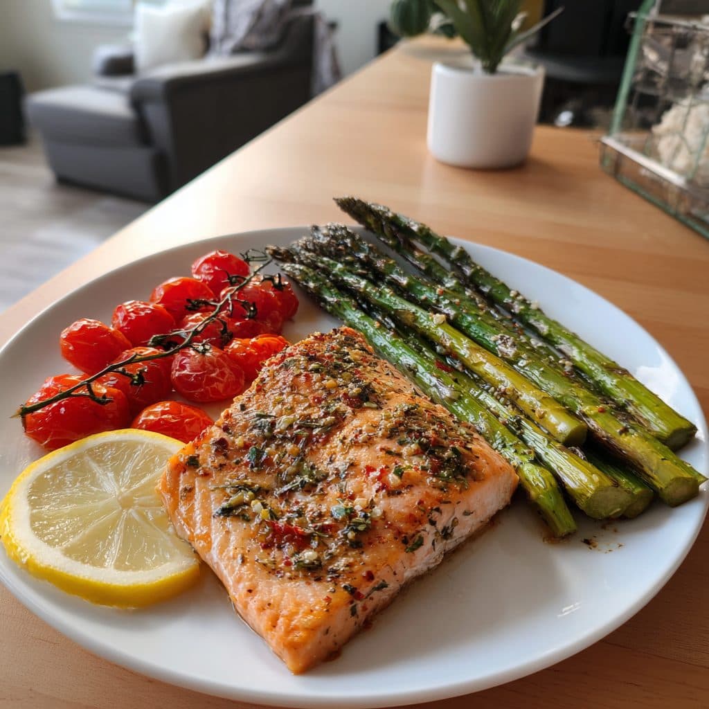 Lemon Herb Roasted Salmon with Asparagus and Cherry Tomatoes