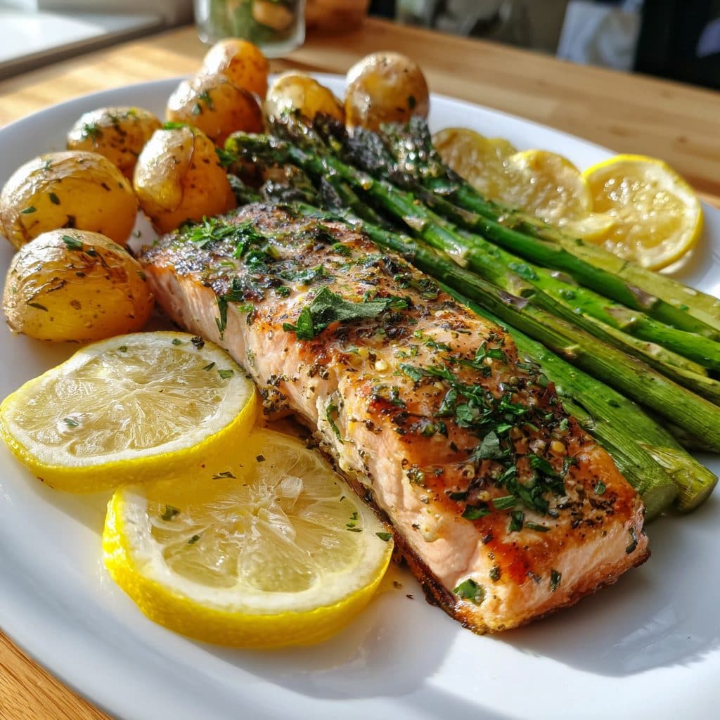 Lemon Herb Roasted Salmon with Asparagus and New Potatoes