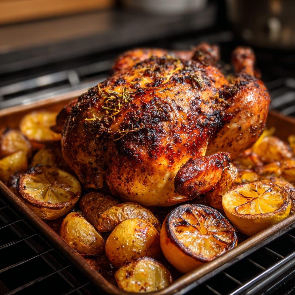 A golden brown roasted whole chicken on a baking sheet with lemons
