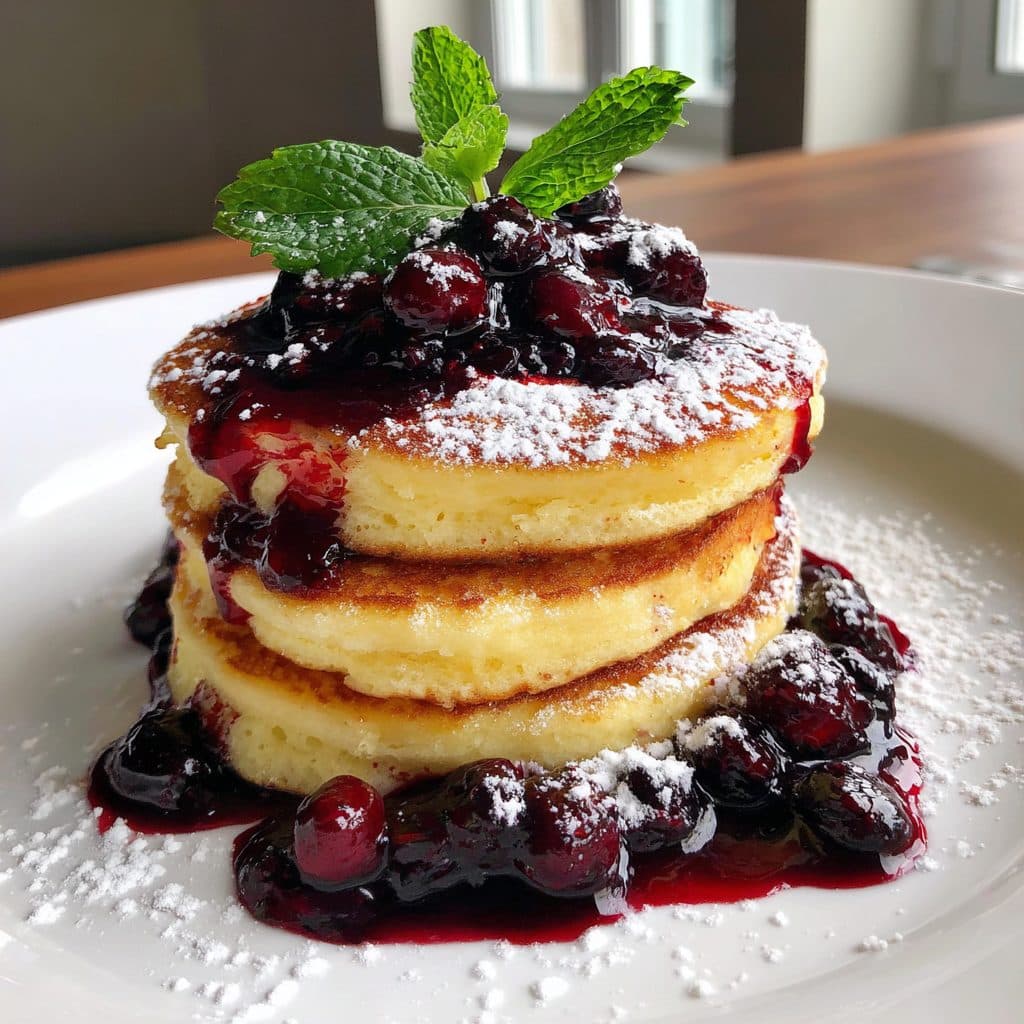 A stack of fluffy pancakes with berry compote and powdered sugar