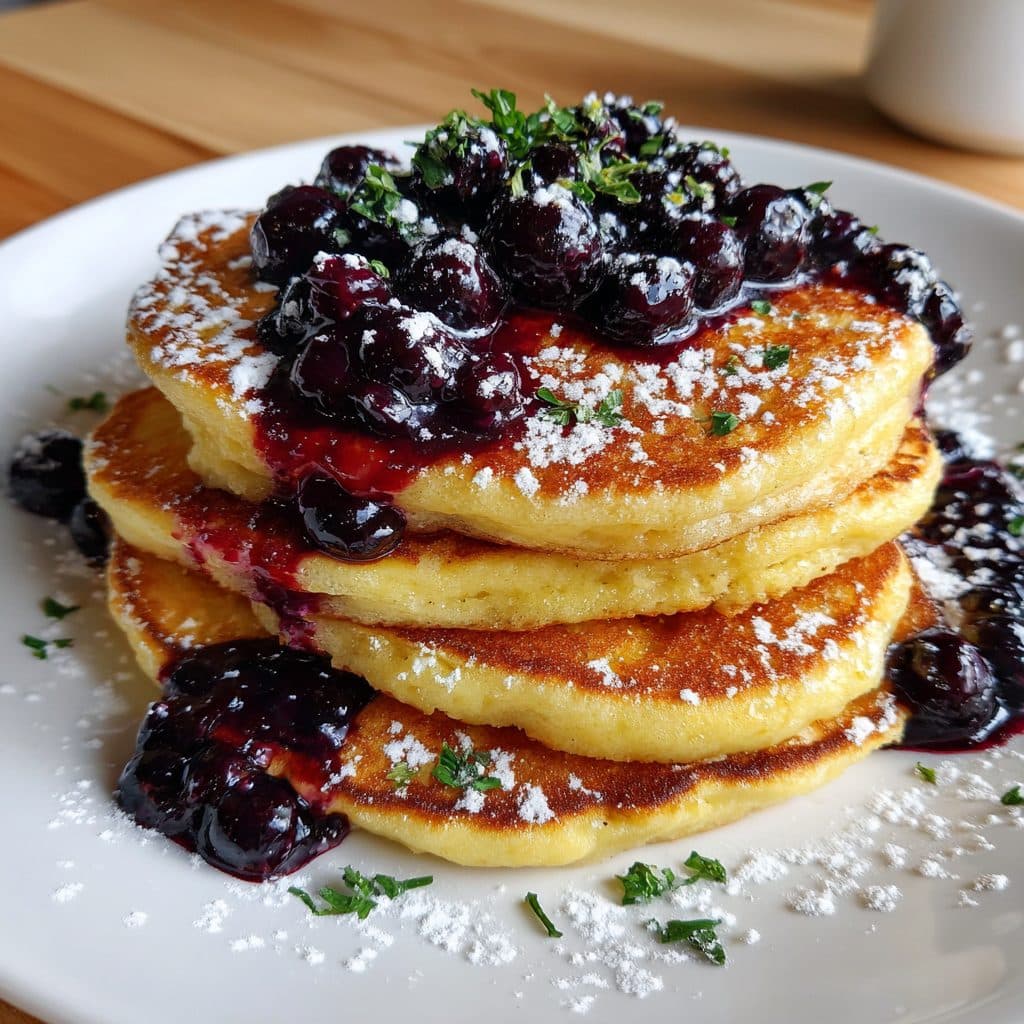 Lemon Ricotta Pancakes with Warm Blueberry Compote