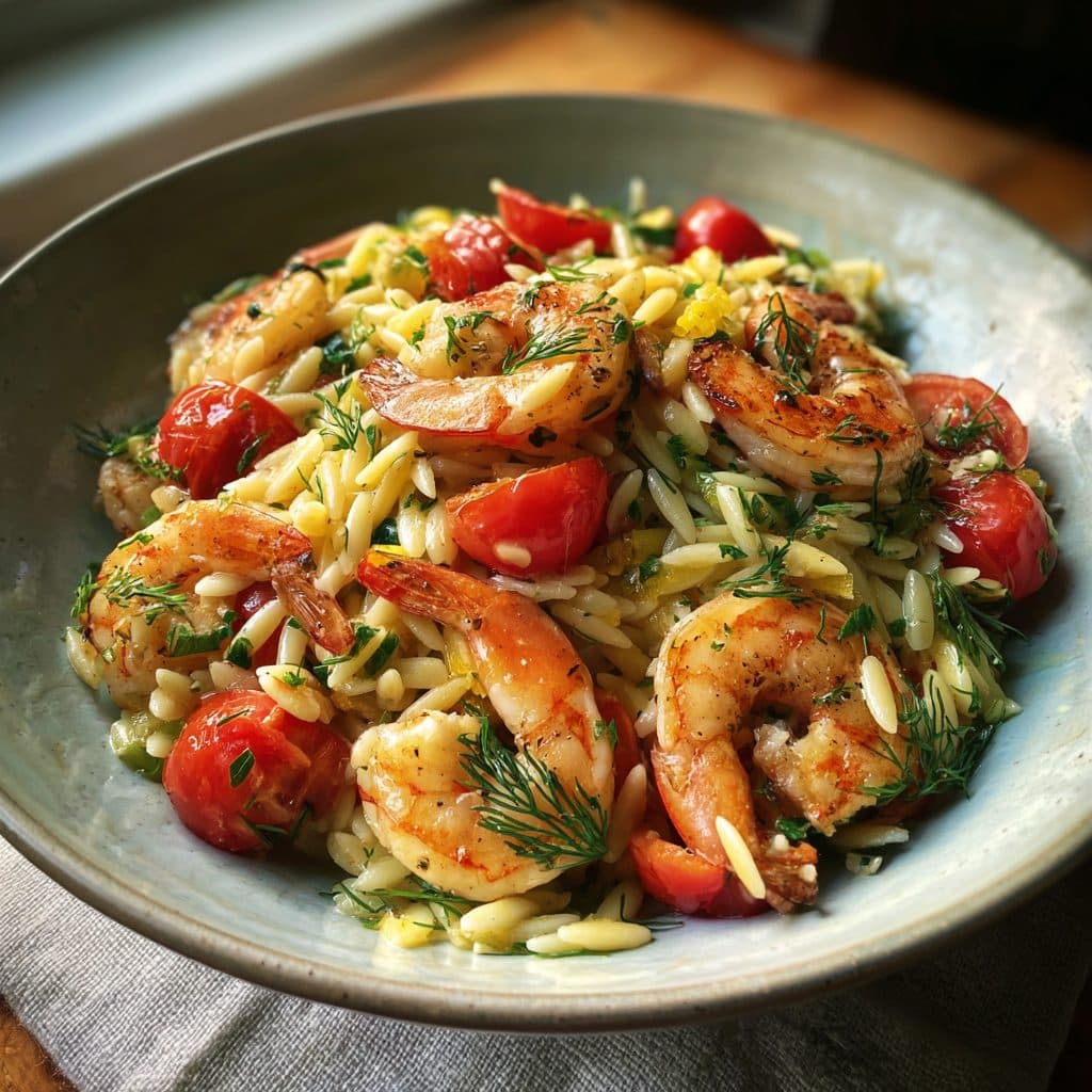 Lemony Orzo Pasta Salad with Grilled Shrimp