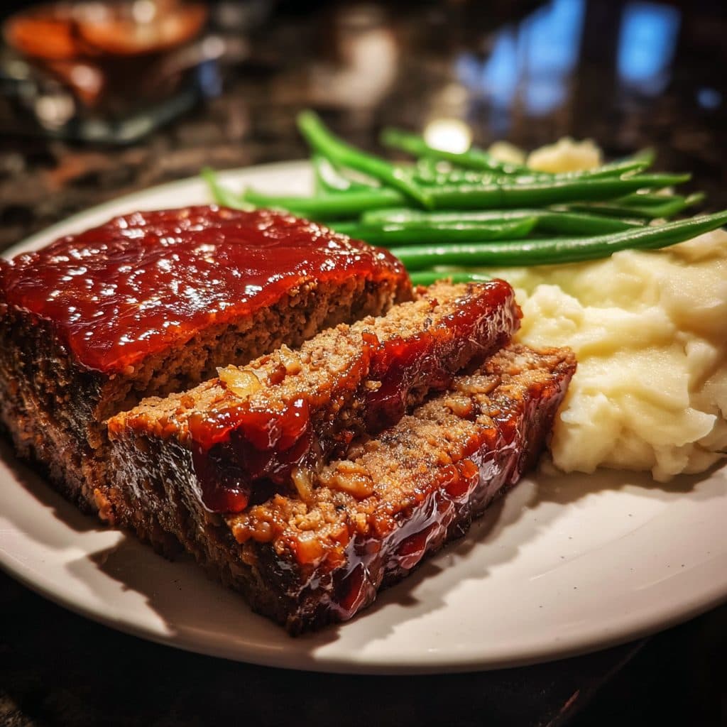 A slice of vegan Lentil Walnut Meatloaf with a glossy glaze on a plate next to mashed potatoes and green beans