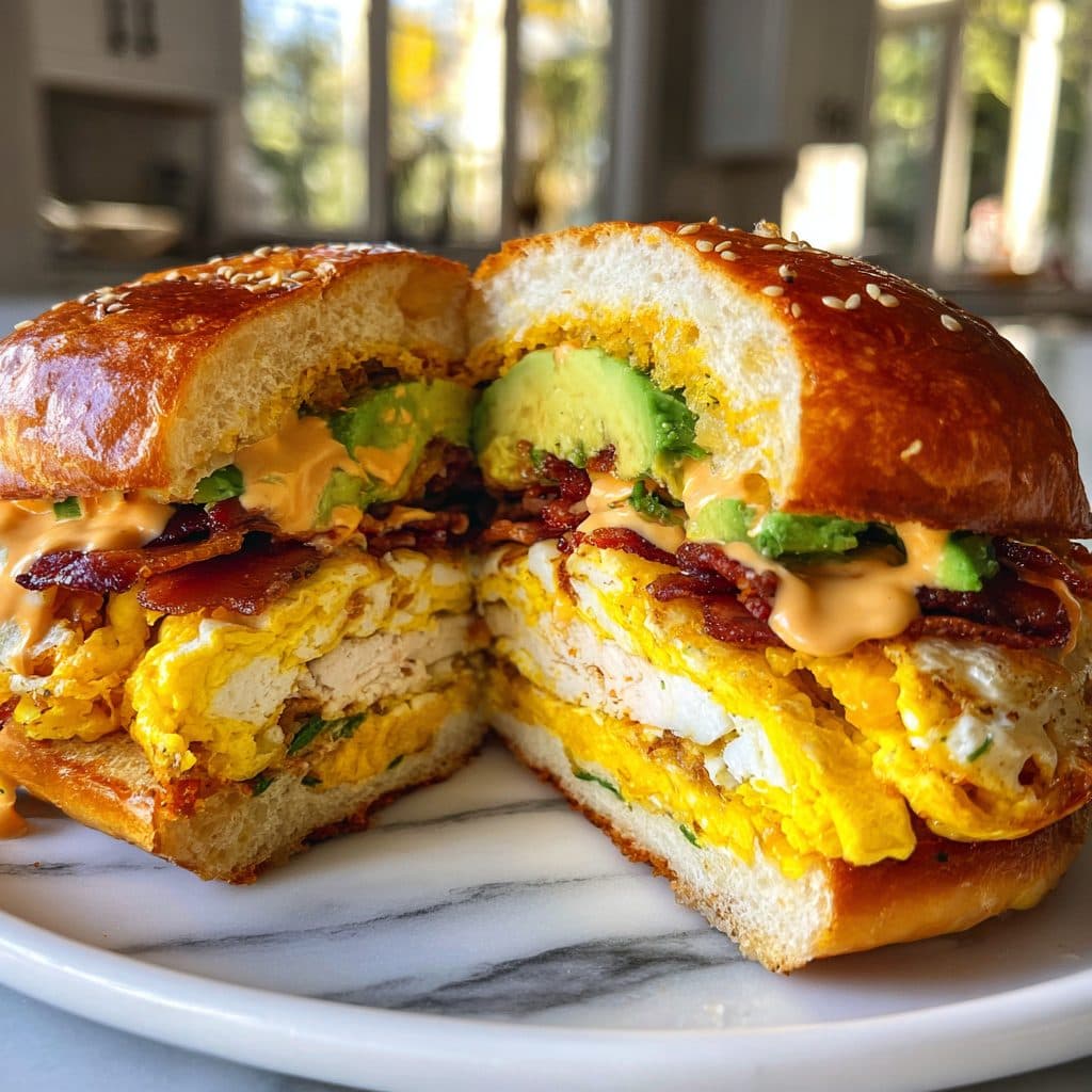 A gourmet loaded breakfast egg sandwich with egg, turkey bacon, cheese, and avocado on a brioche bun