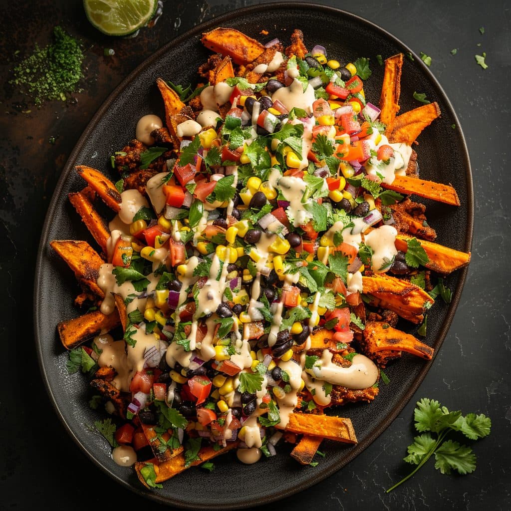 Loaded Sweet Potato Fries with Black Bean & Corn Salsa