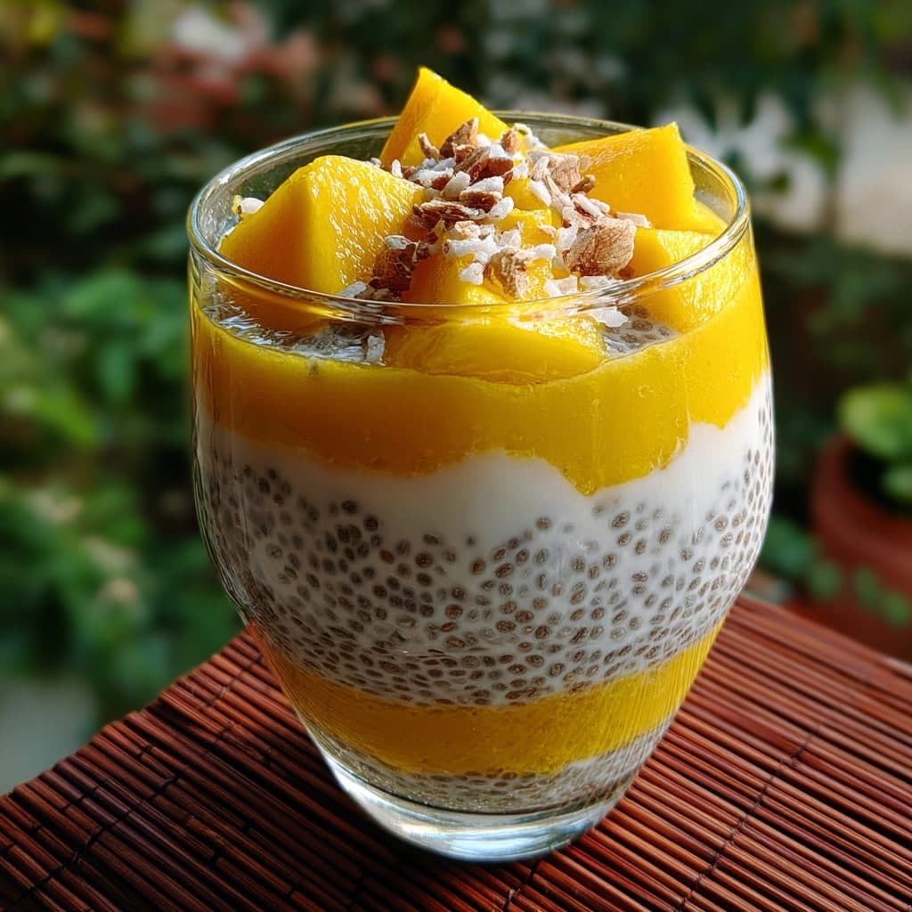 A jar of chia pudding with a yellow mango layer on top.