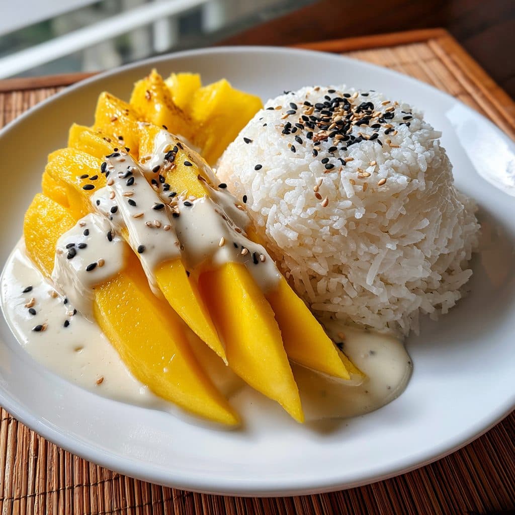 A plate of sweet coconut sticky rice with sliced mango