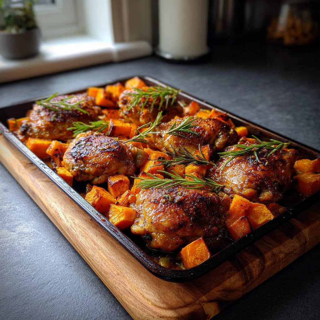 Maple Glazed Roasted Chicken Thighs with Rosemary and Sweet Potatoes