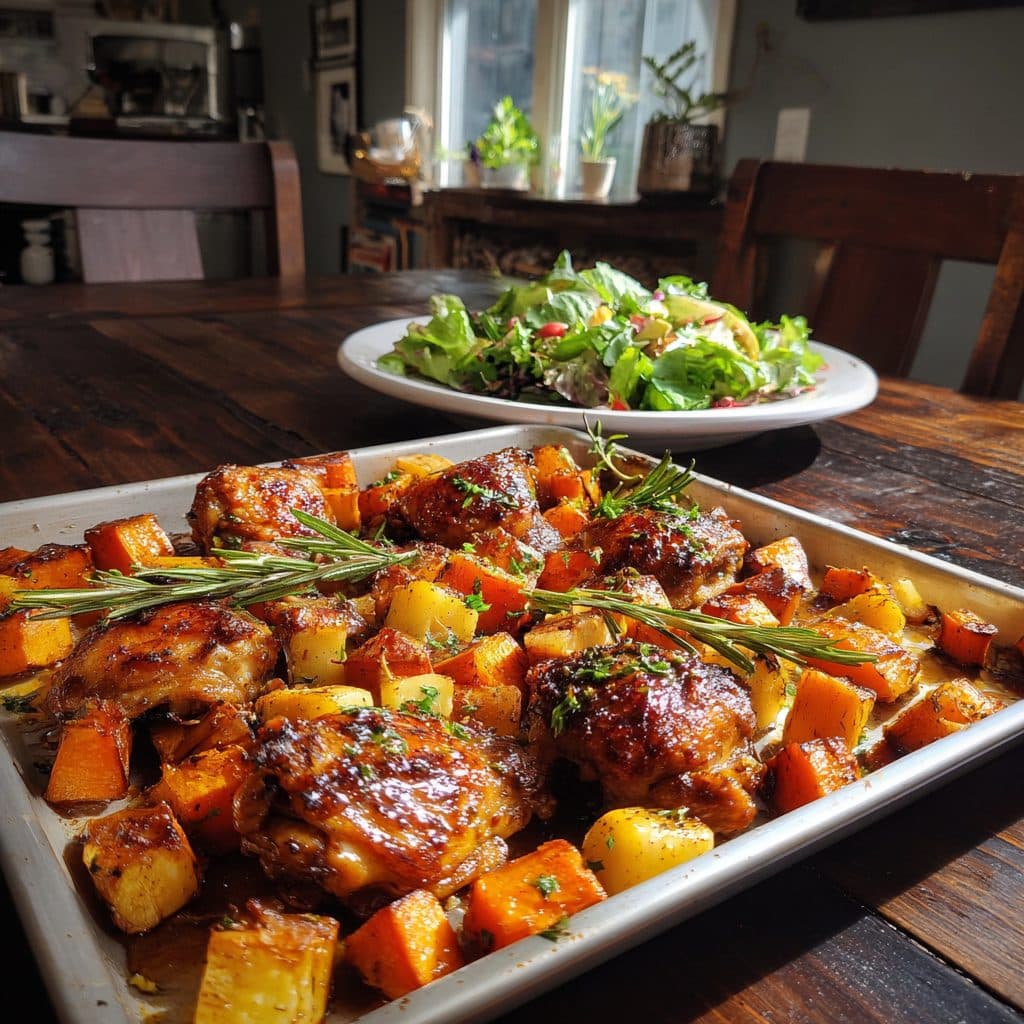Maple Glazed Roasted Chicken Thighs with Sweet Potatoes and Apples