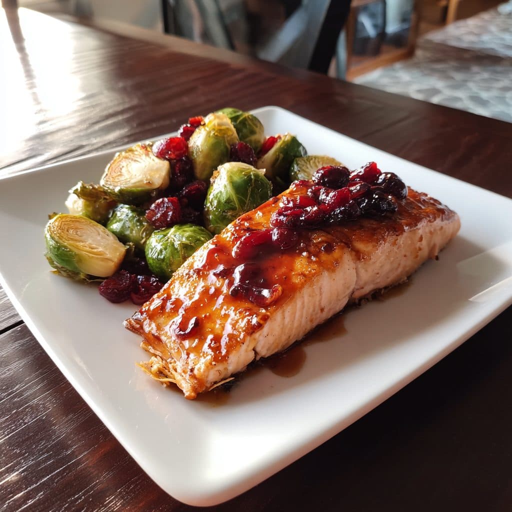 Maple Glazed Salmon with Roasted Brussels Sprouts and Cranberries