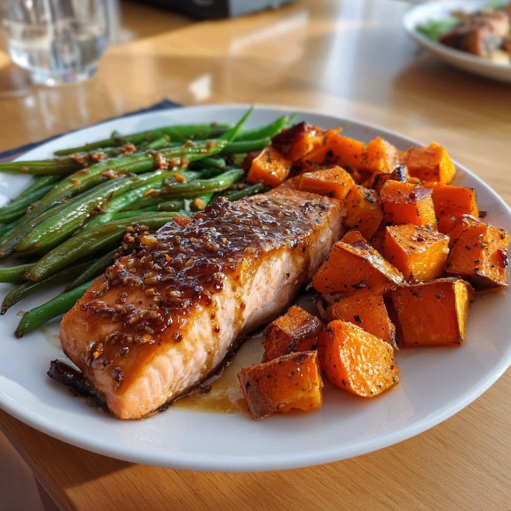 Maple Glazed Salmon with Roasted Sweet Potatoes and Green Beans