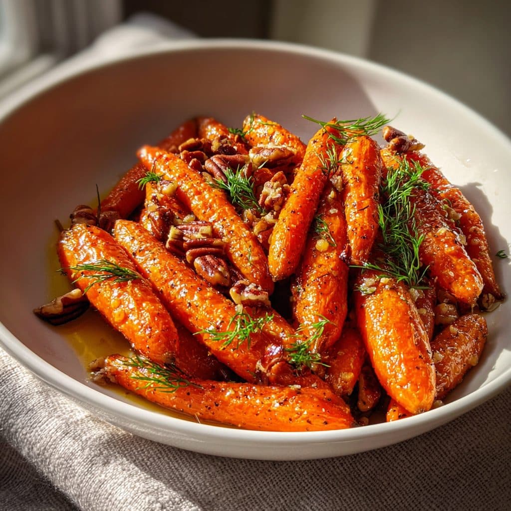 Maple Pecan Glazed Roasted Carrots with Fresh Dill