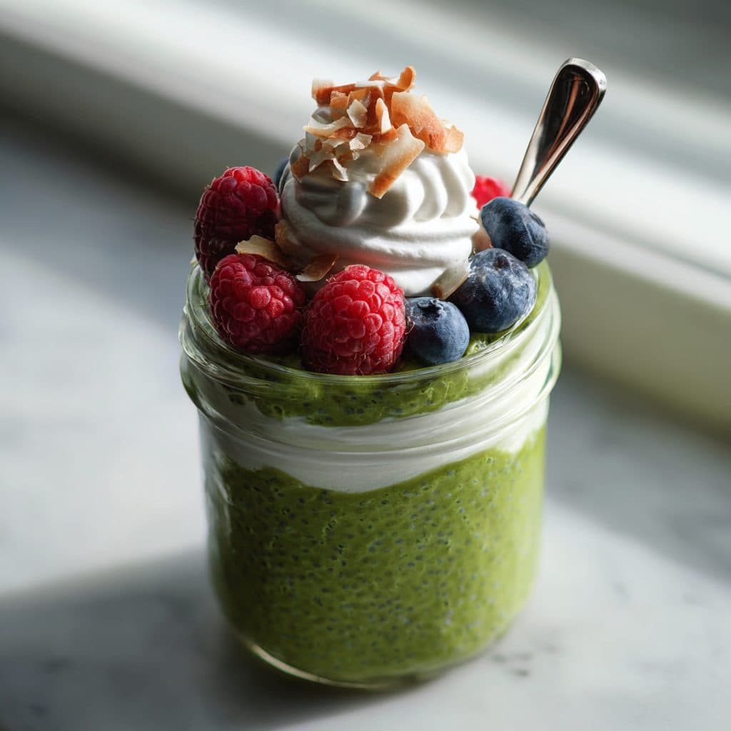 A glass jar of green chia pudding with berries and granola