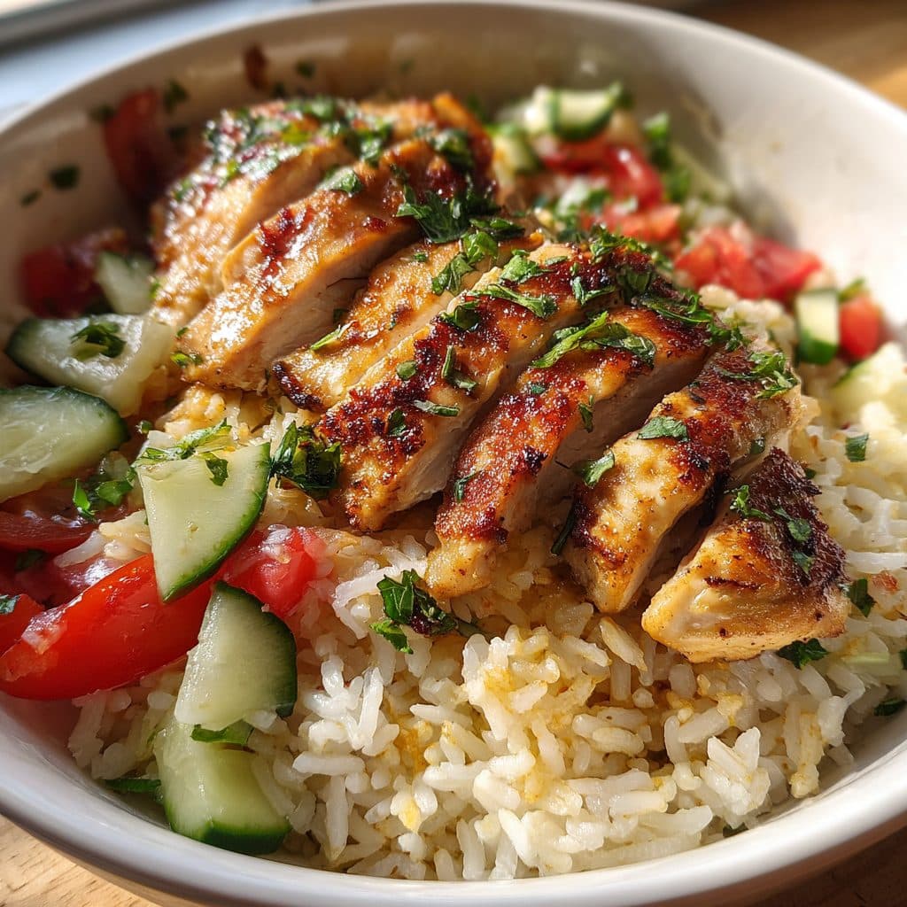 Mediterranean chicken rice salad with tomatoes, cucumbers, peppers and herbs on a modern plate.