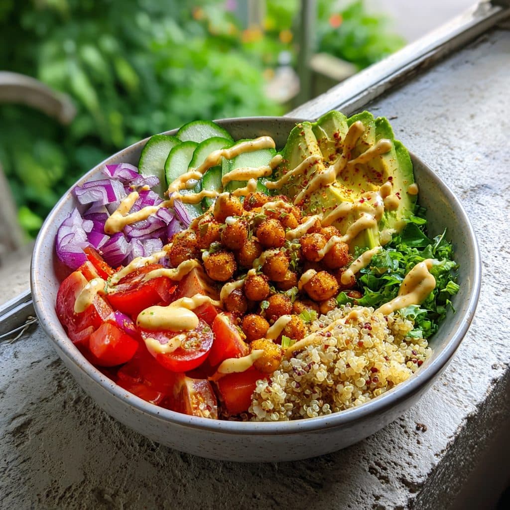 A colorful bowl with roasted chickpeas, quinoa, and vegetables