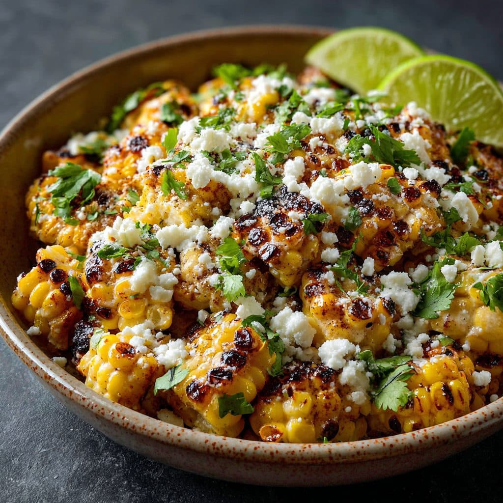 A colorful bowl of Mexican street corn salad with charred corn, cotija cheese, and lime crema