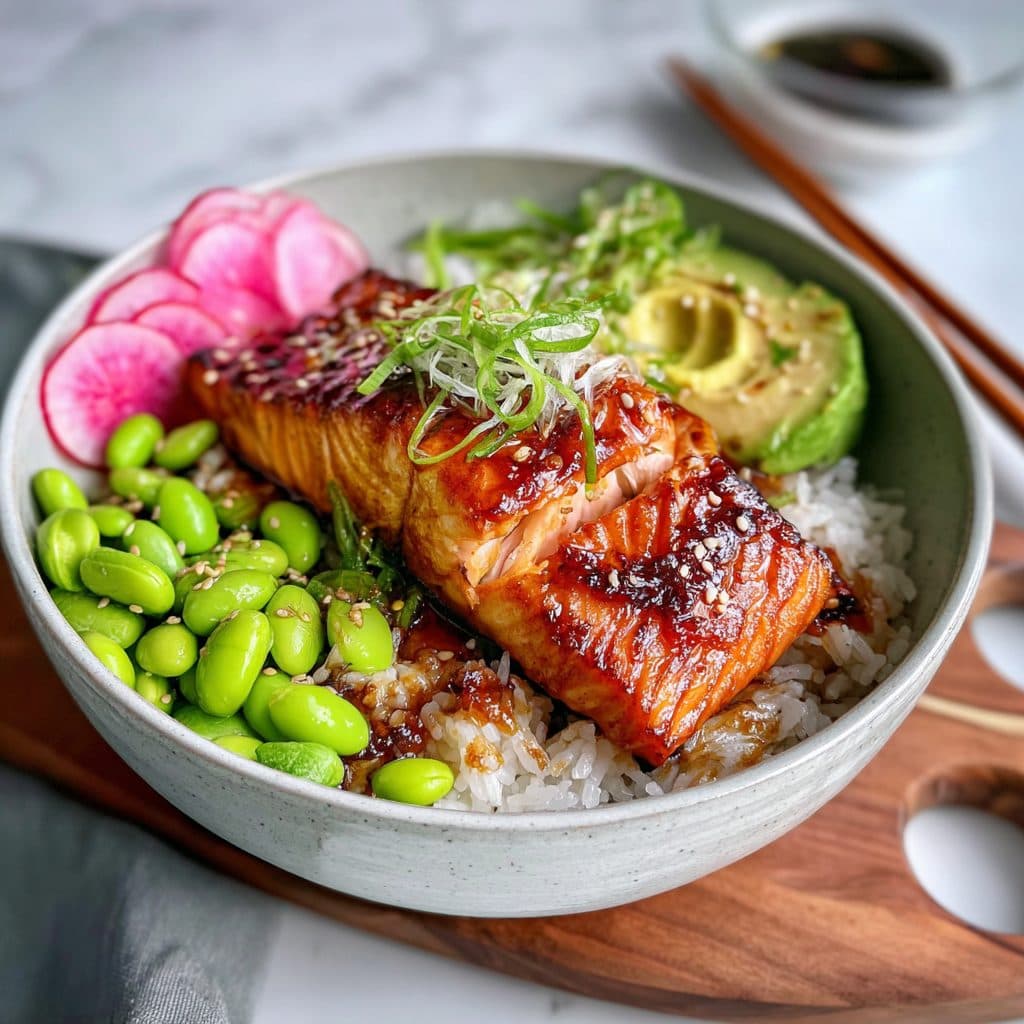 A bowl with miso-glazed salmon, rice, edamame, and pickled vegetables