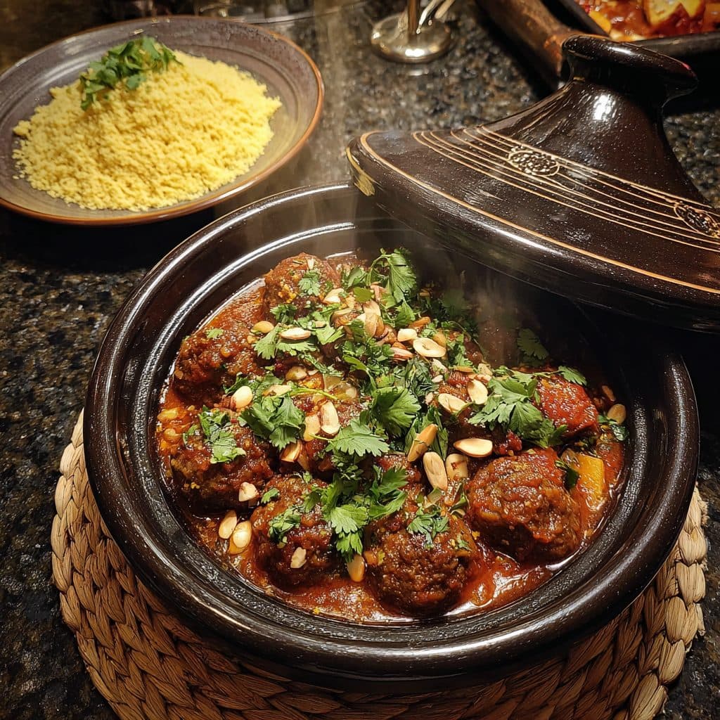 Moroccan lamb meatballs in a tagine pot with apricot tomato sauce and couscous