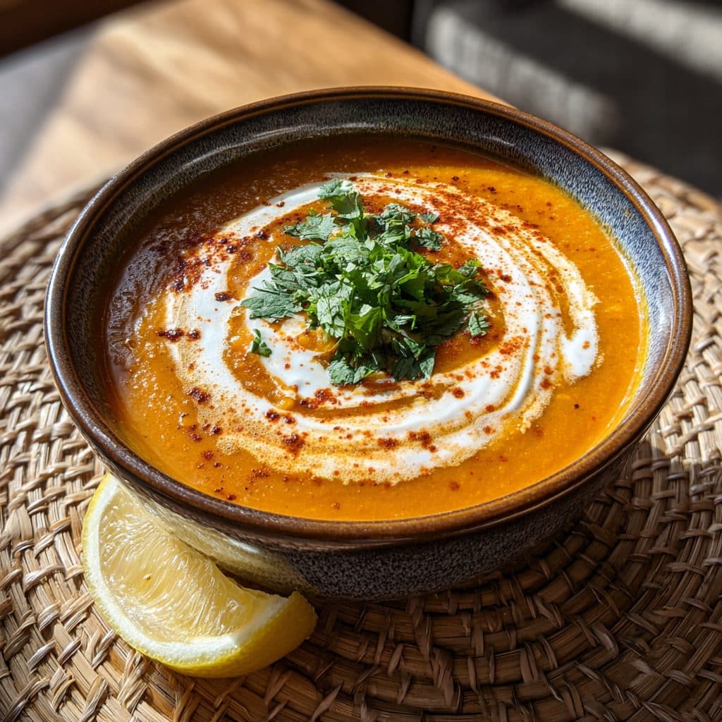 A bowl of orange-red lentil soup with a yogurt swirl