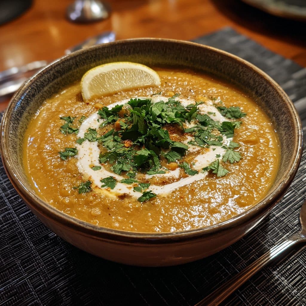 A bowl of orange-yellow lentil soup with a lemon wedge