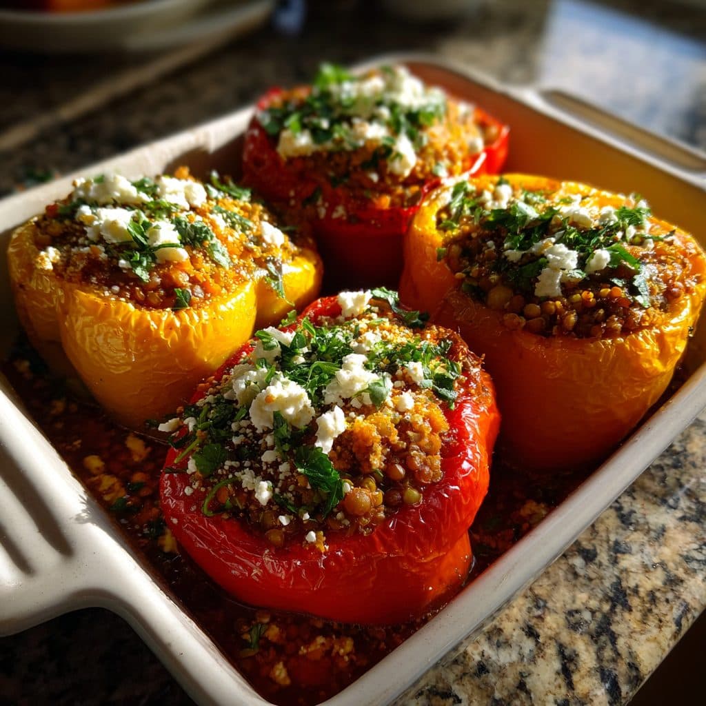 Colorful bell peppers stuffed with lentils and quinoa