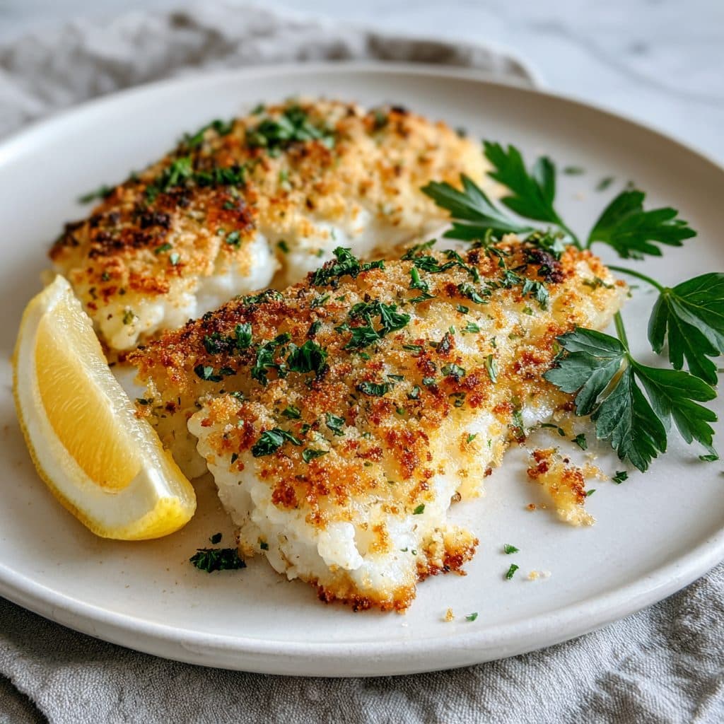 A white fish fillet with a golden breadcrumb topping on a plate