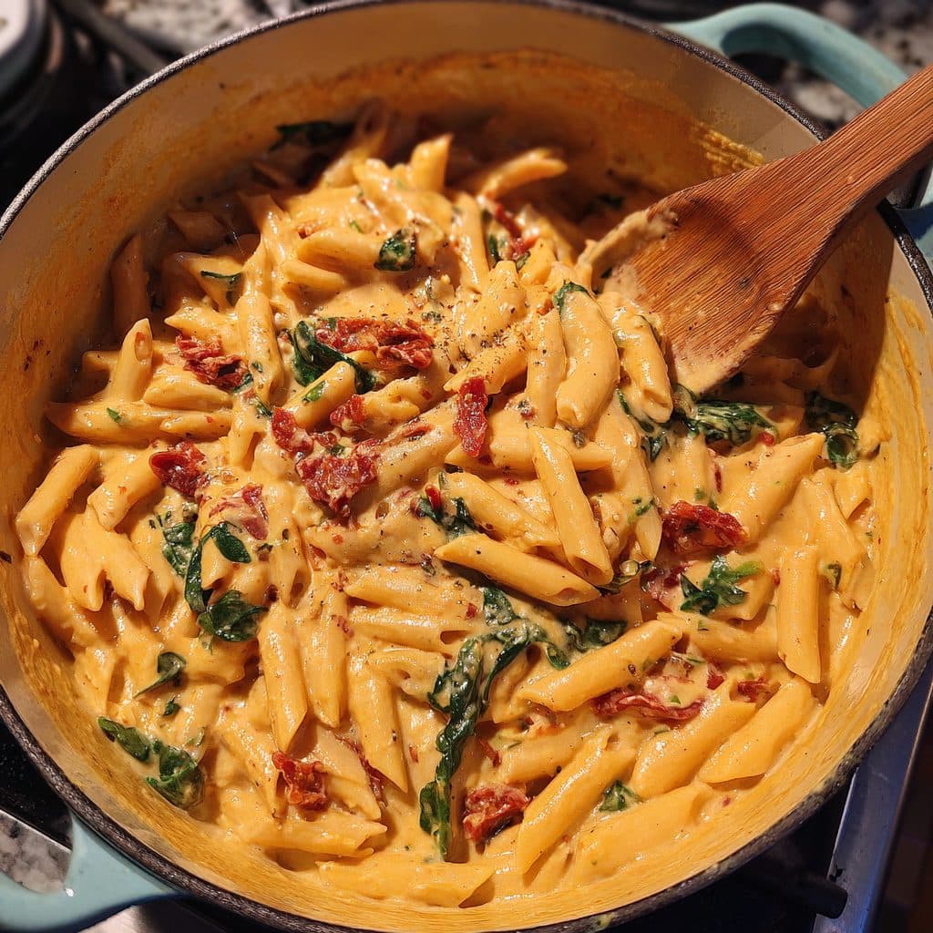 A pot of creamy pink pasta with sun-dried tomatoes and spinach
