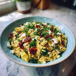 Orzo Pasta with Artichoke Hearts, Sun-Dried Tomatoes, Spinach, and Feta
