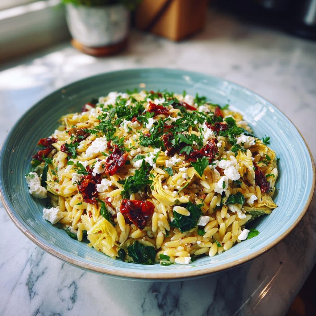 Orzo Pasta with Artichoke Hearts, Sun-Dried Tomatoes, Spinach, and Feta