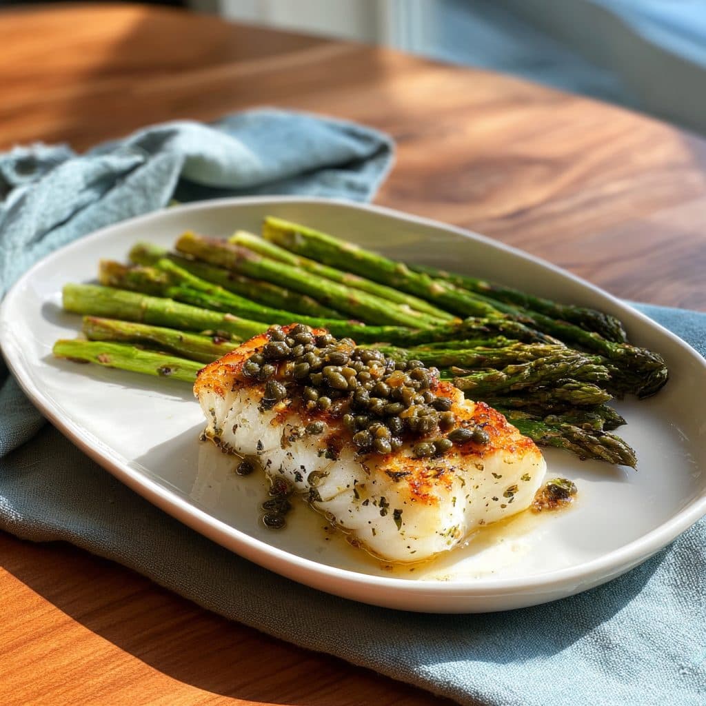 Pan-Seared Cod with Brown Butter Caper Sauce and Roasted Asparagus