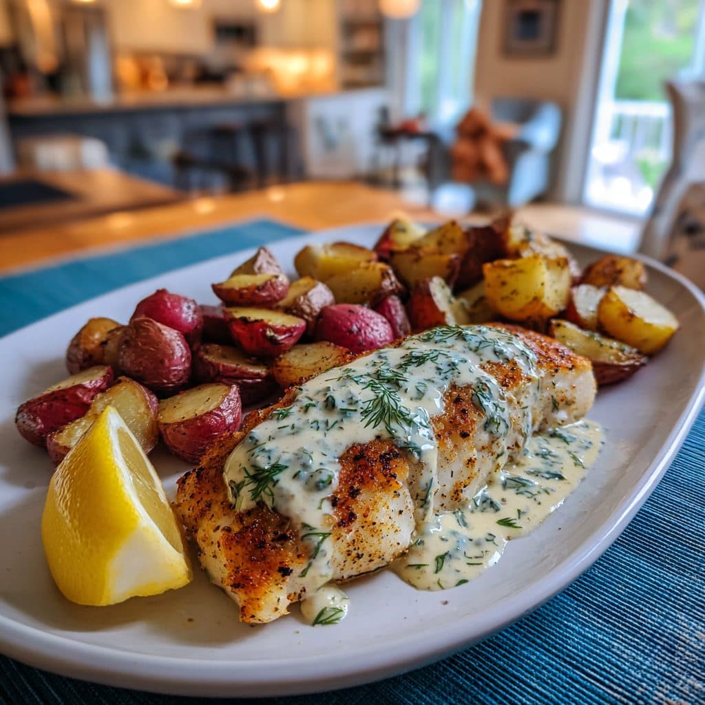 Pan-Seared Cod with Lemon-Dill Sauce and Roasted Red Potatoes