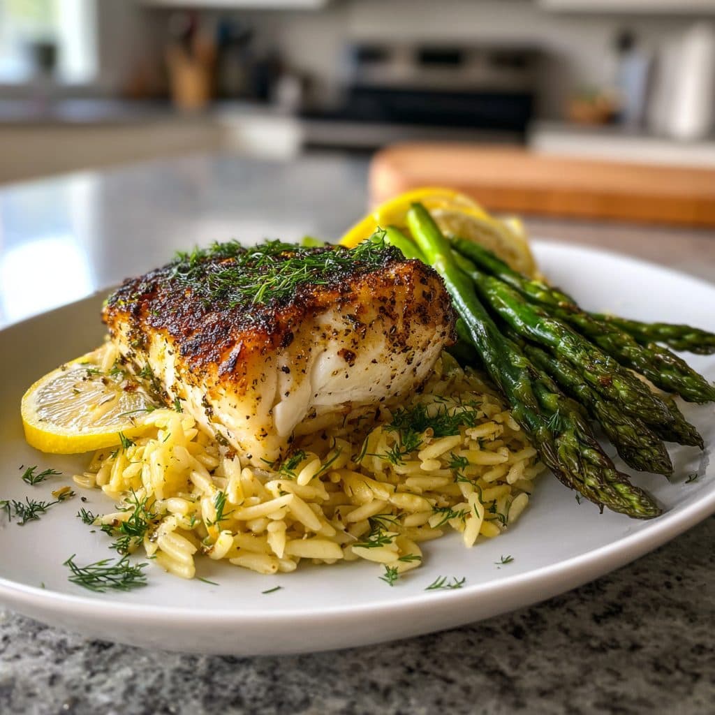 Pan-Seared Halibut with Asparagus and Lemon-Dill Orzo