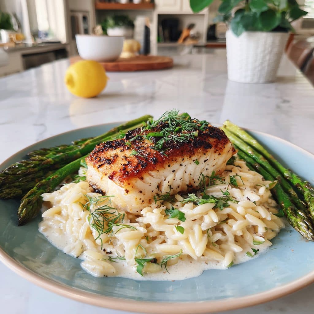 Pan-Seared Halibut with Lemon-Dill Orzo and Roasted Asparagus