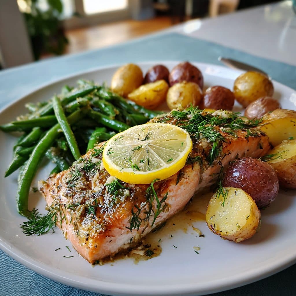 Pan-Seared Lemon-Dill Salmon with Roasted Potatoes and Green Beans