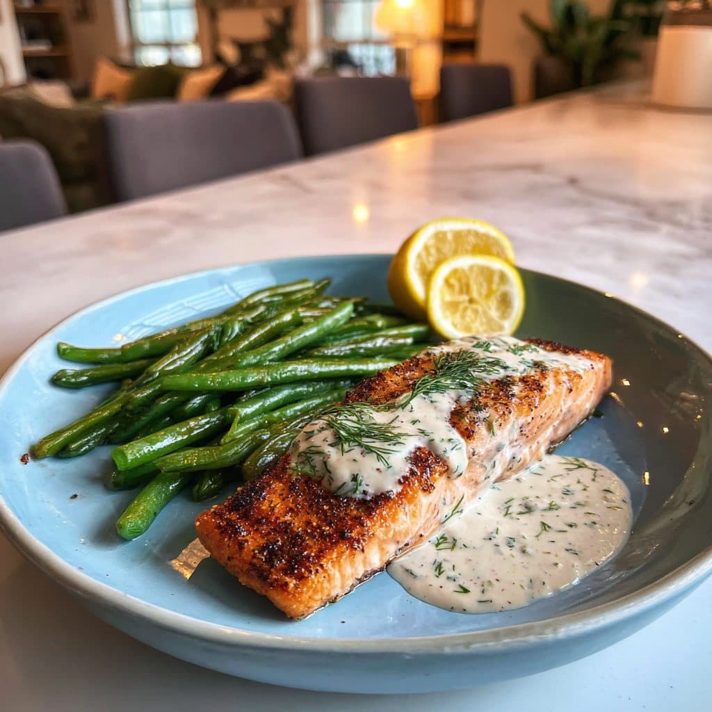 Pan-Seared Salmon with Dill Sauce and Roasted Green Beans