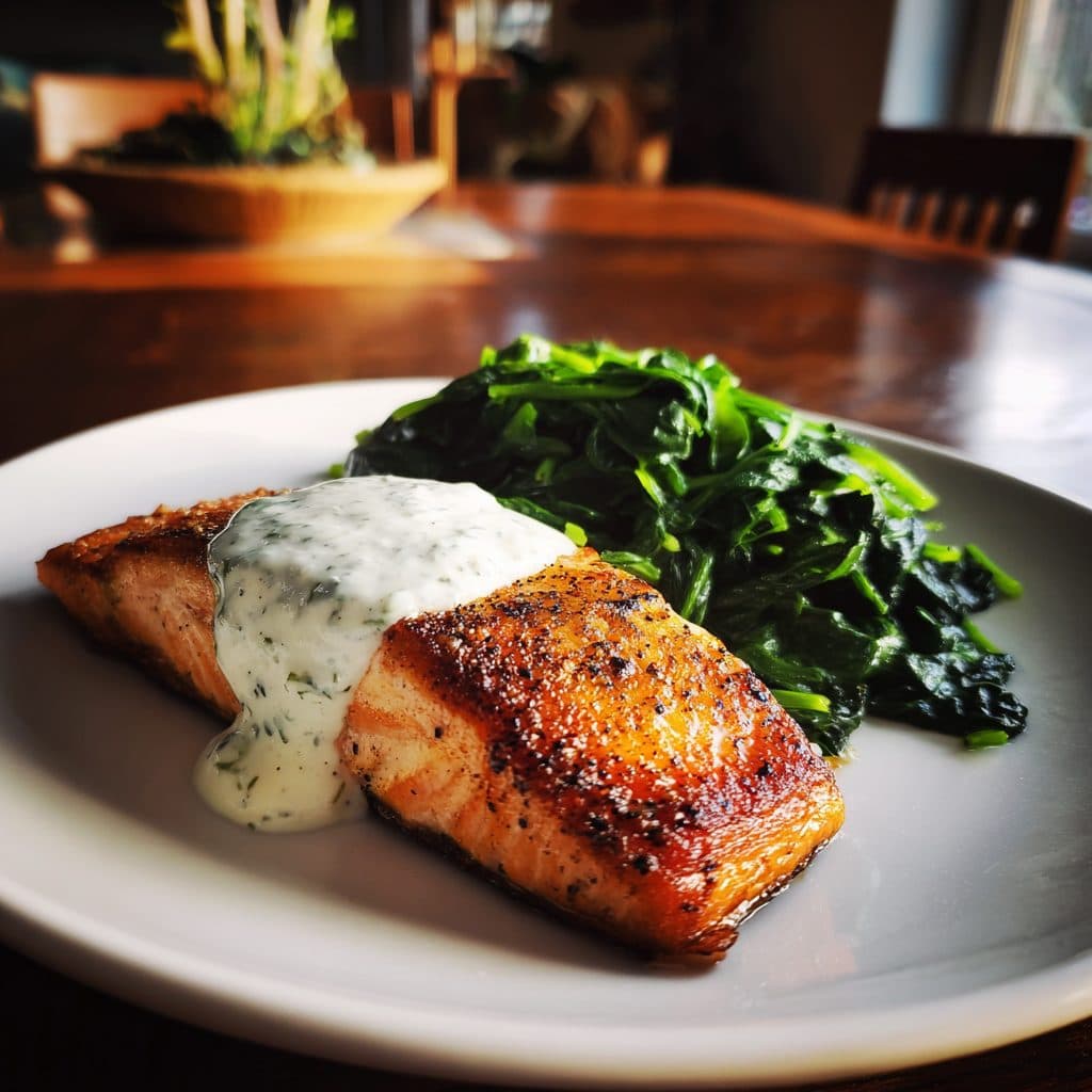 Pan-Seared Salmon with Dill Sauce and Sautéed Spinach