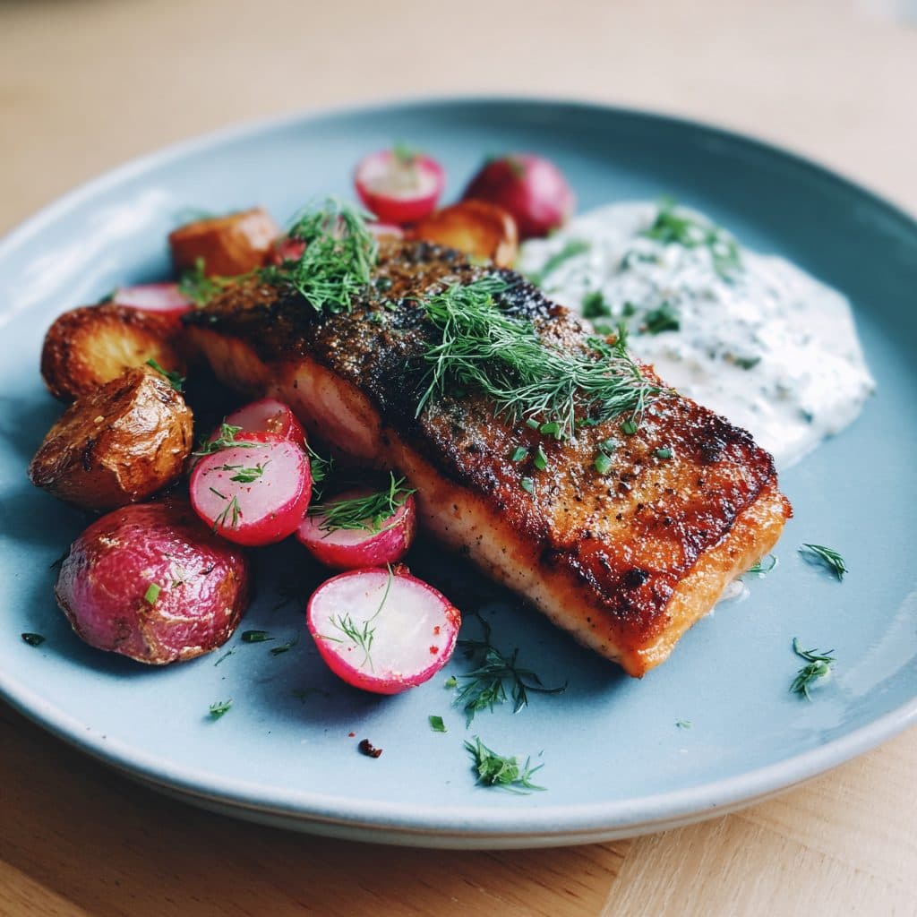Pan-Seared Salmon with Dill Yogurt Sauce and Roasted Radishes