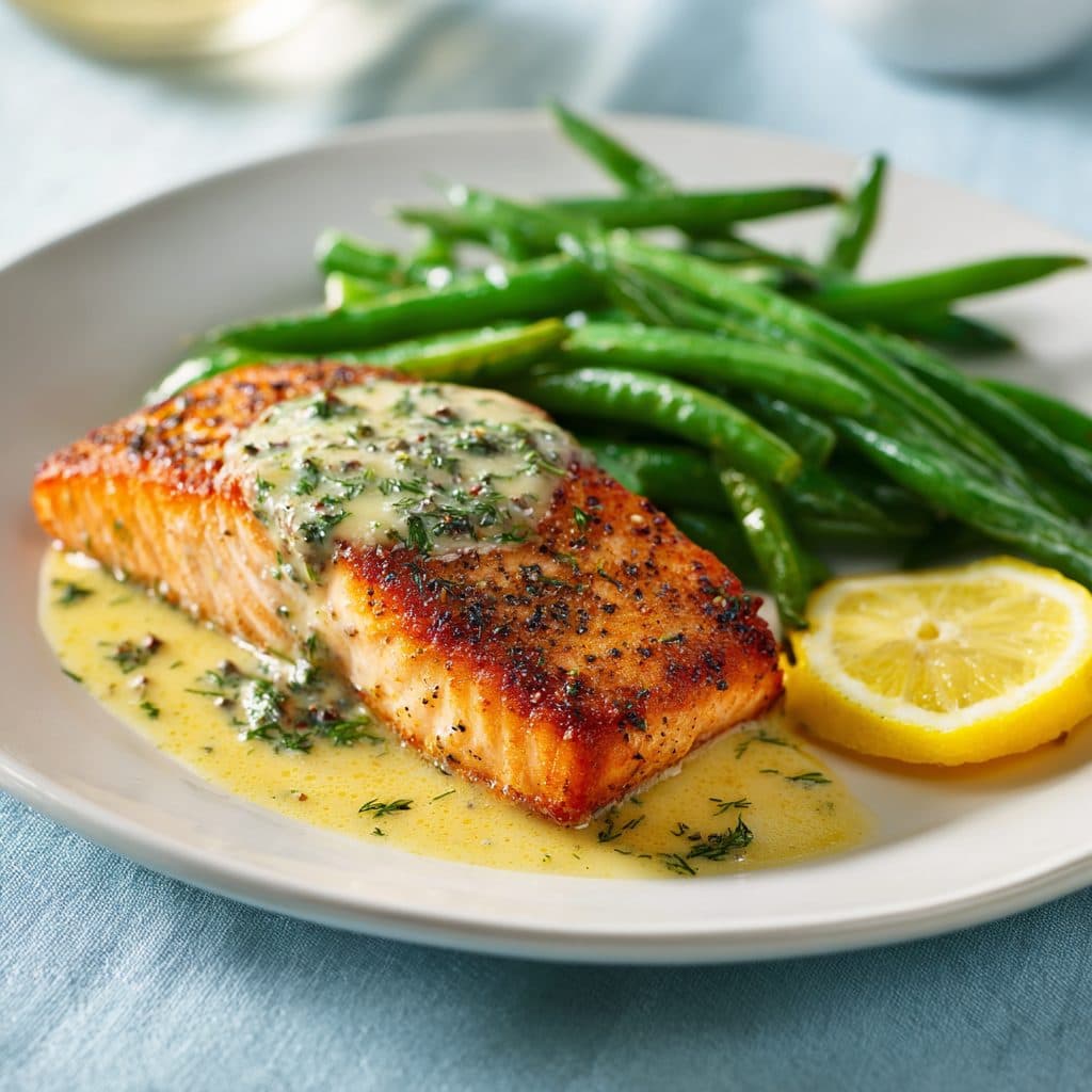 Pan-Seared Salmon with Lemon-Dill Butter Sauce and Roasted Green Beans