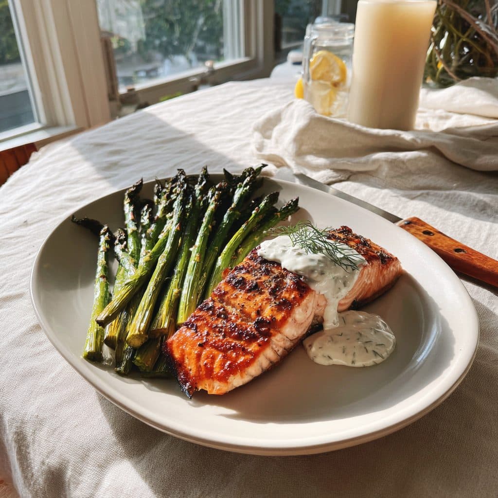 Pan-Seared Salmon with Lemon-Dill Yogurt Sauce and Roasted Asparagus