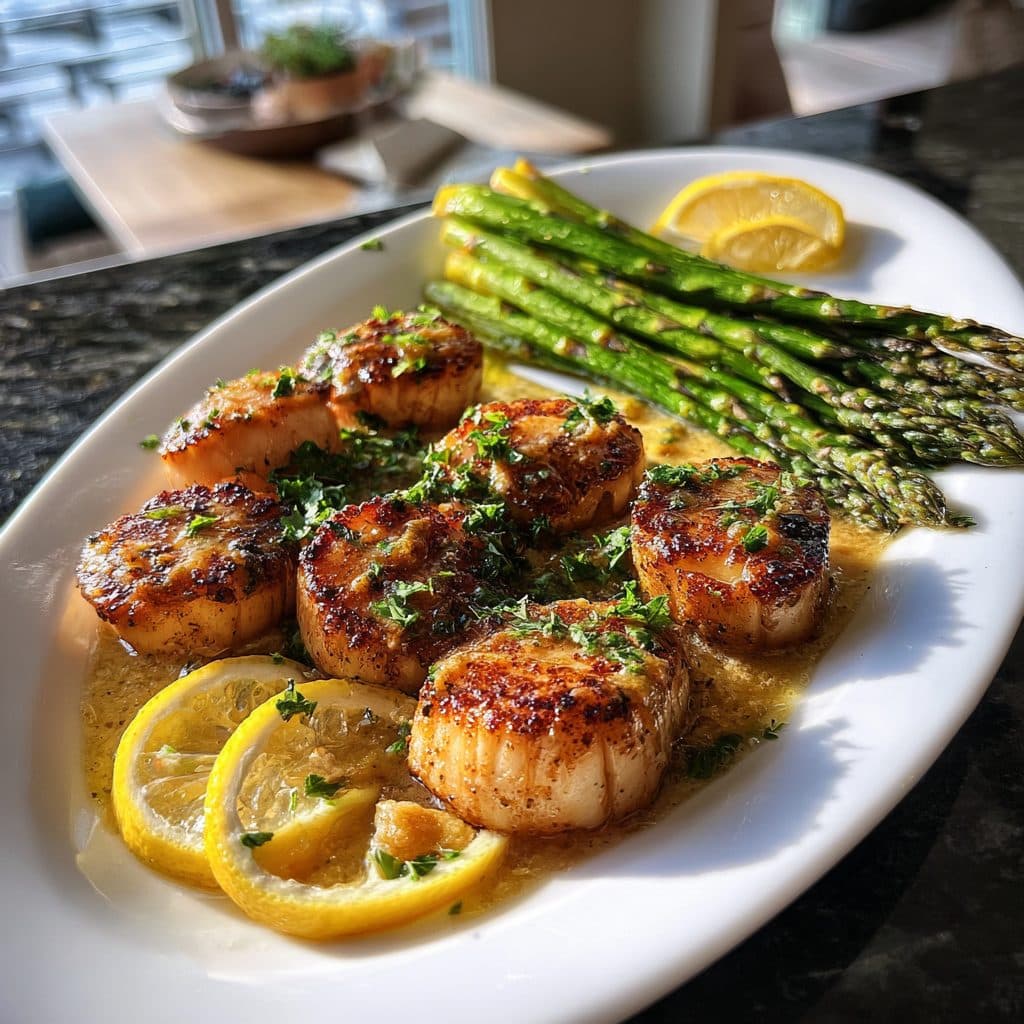 Pan-Seared Scallops with Lemon Butter Sauce and Roasted Asparagus