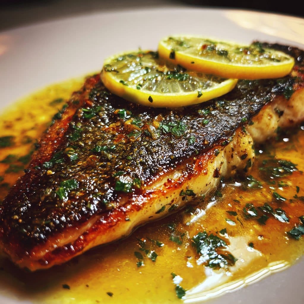 A piece of fish with crispy skin and green asparagus on a plate.
