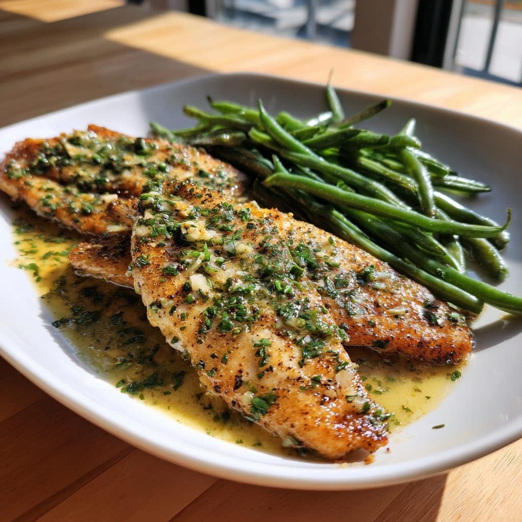 Pan-Seared Tilapia with Lemon-Herb Butter Sauce and Roasted Green Beans