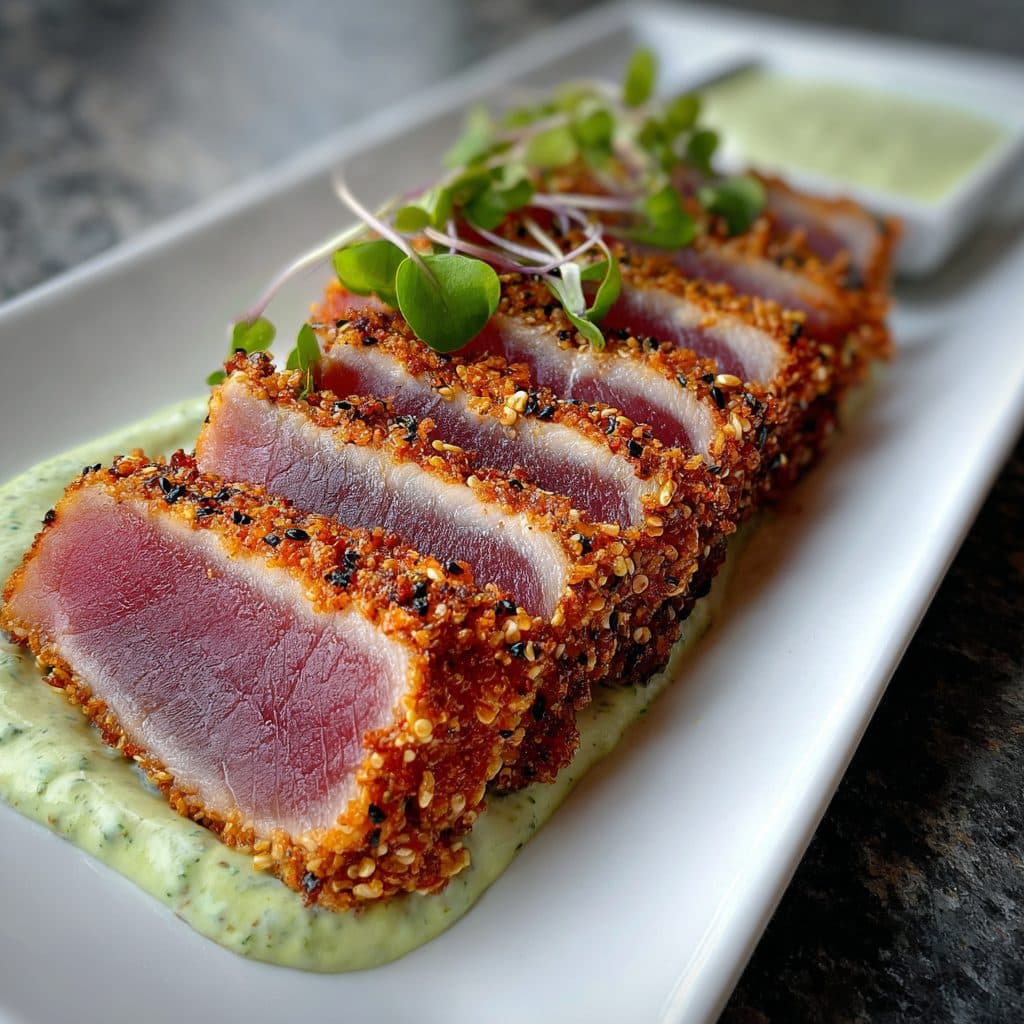 A sesame-crusted tuna steak sliced and served with wasabi mayo