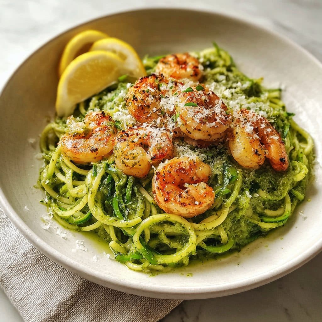 A plate of zucchini noodles with pesto and shrimp